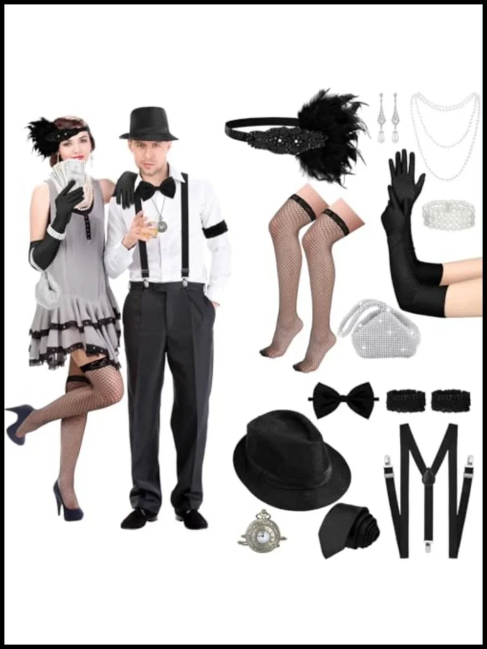 14pc 1920s Flapper Couple Costume Accessory Set Great Gatsby Party